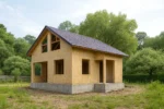 Дом «К-117Б», 117 м², 1.5 этажа, в черновой отделке: коробка из СИП-панелей OSB-3, двускатная кровля из металлочерепицы, проёмы без окон и дверей, в проёмах видны сосновые балки перекрытия