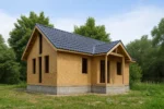 Дом «К-120Б», 120 м², 1.5 этажа, в черновой отделке: коробка из СИП-панелей OSB-3, двускатная кровля из металлочерепицы, проёмы без окон и дверей, в проёмах видны сосновые балки перекрытия
