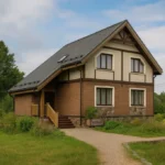 Проект дома «К-140» из СИП-панелей, 140 м² — двухэтажный дом с кирпичным фасадом, серой крышей и крыльцом | HotWell.KZ