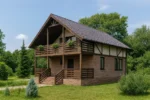 Проект дома «К-150Б» из СИП-панелей, 150 м² — двухэтажный дом с кирпичным фасадом, коричневой крышей и балконом | HotWell.KZ