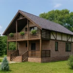 Проект дома «К-150Б» из СИП-панелей, 150 м² — двухэтажный дом с кирпичным фасадом, коричневой крышей и балконом | HotWell.KZ