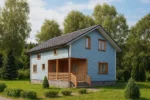 Проект дома «К-150В» из СИП-панелей, 150 м² — двухэтажный дом с голубым фасадом, серой крышей и крытым крыльцом | HotWell.KZ