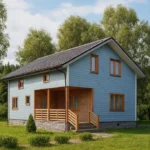 Проект дома «К-150В» из СИП-панелей, 150 м² — двухэтажный дом с голубым фасадом, серой крышей и крытым крыльцом | HotWell.KZ