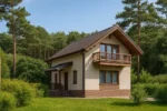 Проект дома «К-152» из СИП-панелей, 152 м² — двухэтажный дом с бежевым фасадом, коричневой крышей и балконом | HotWell.KZ