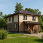 Проект дома «К-156Б» из СИП-панелей, 156 м² — двухэтажный дом с бежевым фасадом, коричневой крышей и крытым крыльцом | HotWell.KZ