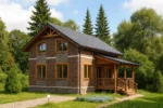 Проект дома «К-156В» из СИП-панелей, 156 м² — двухэтажный дом с кирпичным фасадом, серой крышей и крытым крыльцом | HotWell.KZ