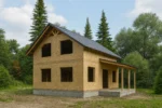 Дом «К-156В», 156 м², 1.5 этажа, в черновой отделке: коробка из СИП-панелей OSB-3, двускатная кровля из металлочерепицы, проёмы без окон и дверей, в проёмах видны сосновые балки перекрытия