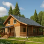Проект дома «К-160» из СИП-панелей, 160 м² — двухэтажный дом с бежевым фасадом, синей крышей и террасой | HotWell.KZ