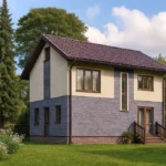 Проект дома «К-160Б» из СИП-панелей, 160 м² — двухэтажный дом с бежевым фасадом, серым цоколем и коричневой крышей | HotWell.KZ