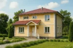 Проект дома «К-162» из СИП-панелей, 162 м² — двухэтажный дом с жёлтым фасадом, красной крышей и крыльцом | HotWell.KZ