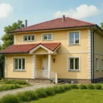 Проект дома «К-162» из СИП-панелей, 162 м² — двухэтажный дом с жёлтым фасадом, красной крышей и крыльцом | HotWell.KZ