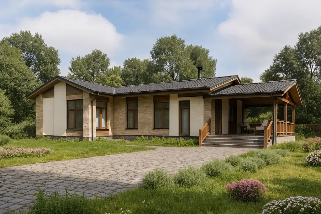 Проект дома «К-163» Проект дома «К-163» из СИП-панелей, 163 м² — одноэтажный дом с бежевым фасадом, серой крышей и террасой | HotWell.KZ