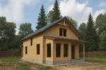 Дом «К-164Г», 164 м², 1.5 этажа, в черновой отделке: коробка из СИП-панелей OSB-3, двускатная кровля из металлочерепицы, проёмы без окон и дверей, в проёмах видны сосновые балки перекрытия