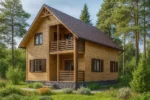 Проект дома «К-164В» из СИП-панелей, 164 м² — двухэтажный дом с деревянным фасадом, коричневой крышей и балконом | HotWell.KZ