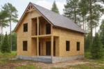 Дом «К-164В», 164 м², 1.5 этажа, в черновой отделке: коробка из СИП-панелей OSB-3, двускатная кровля из металлочерепицы, проёмы без окон и дверей, в проёмах видны сосновые балки перекрытия