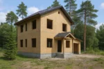 Дом «К-168», 168 м², 2 этажа, в черновой отделке: коробка из СИП-панелей OSB-3, двускатная кровля из металлочерепицы, проёмы без окон и дверей, в проёмах видны сосновые балки перекрытия