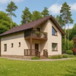 Проект дома «К-168Б» из СИП-панелей, 168 м² — двухэтажный дом с бежевым фасадом, коричневой крышей и балконом | HotWell.KZ