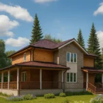Проект дома «К-168В» из СИП-панелей, 168 м² — двухэтажный дом с коричневым сайдингом, коричневой крышей и террасой | HotWell.KZ