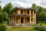 Дом «К-171», 171 м², 2 этажа, в черновой отделке: коробка из СИП-панелей OSB-3, вальмовая кровля из металлочерепицы, проёмы без окон и дверей, в проёмах видны сосновые балки перекрытия