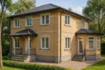 Проект дома «К-171Б» из СИП-панелей, 171 м² — двухэтажный дом с жёлтым фасадом, серой крышей и крыльцом | HotWell.KZ