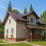 Проект дома «К-171В» из СИП-панелей, 171 м² — двухэтажный дом с бежевым фасадом, коричневой крышей и крытым крыльцом | HotWell.KZ