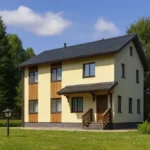Проект дома «К-172» из СИП-панелей, 172 м² — двухэтажный дом с жёлтым фасадом, чёрной крышей и крыльцом | HotWell.KZ