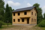 Дом «К-172», 172 м², 2 этажа, в черновой отделке: коробка из СИП-панелей OSB-3, двускатная кровля из металлочерепицы, проёмы без окон и дверей, в проёмах видны сосновые балки перекрытия