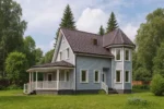 Проект дома «К-173» из СИП-панелей, 173 м² — двухэтажный дом с голубым фасадом, коричневой крышей и террасой | HotWell.KZ