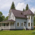 Проект дома «К-173» из СИП-панелей, 173 м² — двухэтажный дом с голубым фасадом, коричневой крышей и террасой | HotWell.KZ