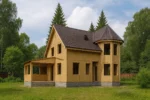 Дом «К-173», 173 м², 1.5 этажа, в черновой отделке: коробка из СИП-панелей OSB-3, двускатная кровля из металлочерепицы, проёмы без окон и дверей, в проёмах видны сосновые балки перекрытия