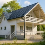Проект дома «К-174Б» из СИП-панелей, 174 м² — двухэтажный дом с белым фасадом, синей крышей и балконом | HotWell.KZ