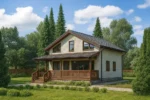 Проект дома «К-174В» из СИП-панелей, 174 м² — двухэтажный дом с бежевым фасадом, серой крышей и террасой | HotWell.KZ