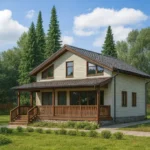 Проект дома «К-174В» из СИП-панелей, 174 м² — двухэтажный дом с бежевым фасадом, серой крышей и террасой | HotWell.KZ