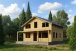 Дом «К-174В», 174 м², 1.5 этажа, в черновой отделке: коробка из СИП-панелей OSB-3, двускатная кровля из металлочерепицы, проёмы без окон и дверей, в проёмах видны сосновые балки перекрытия