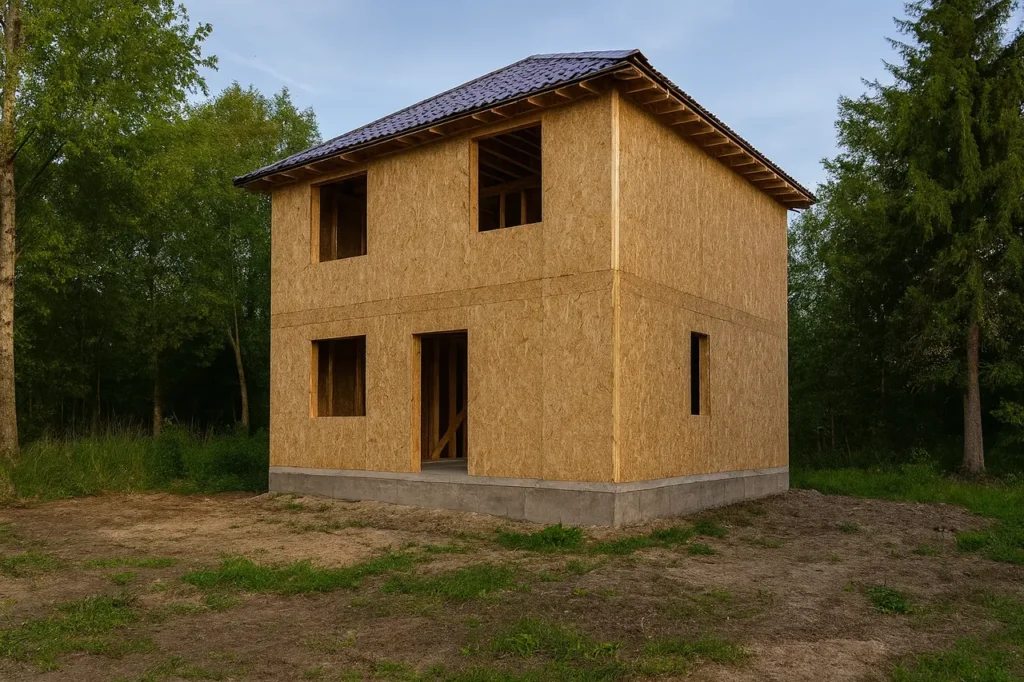 Дом «К-180», 180 м², 2 этажа, в черновой отделке: коробка из СИП-панелей OSB-3, вальмовая кровля из металлочерепицы, проёмы без окон и дверей, в проёмах видны сосновые балки перекрытия