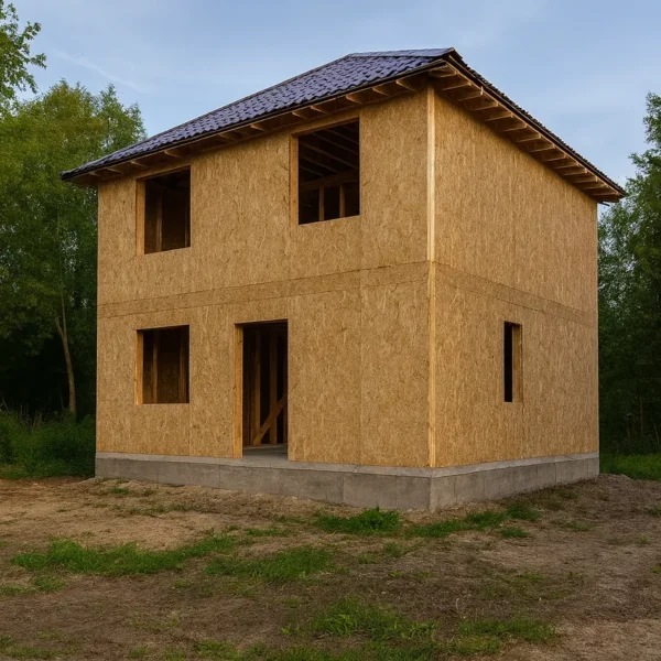 Дом «К-180», 180 м², 2 этажа, в черновой отделке: коробка из СИП-панелей OSB-3, вальмовая кровля из металлочерепицы, проёмы без окон и дверей, в проёмах видны сосновые балки перекрытия