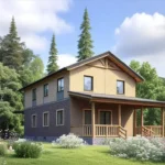 Проект дома «К-180Б» из СИП-панелей, 180 м² — двухэтажный дом с бежевым фасадом, серой крышей и террасой | HotWell.KZ