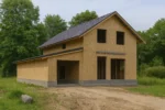 Дом «К-183», 183 м², 1.5 этажа, в черновой отделке: коробка из СИП-панелей OSB-3, двускатная кровля из металлочерепицы, проёмы без окон и дверей, в проёмах видны сосновые балки перекрытия