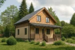 Проект дома «К-183Б» из СИП-панелей, 183 м² — двухэтажный дом с бежевым фасадом, серой крышей и крытым крыльцом | HotWell.KZ