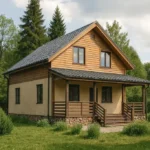 Проект дома «К-183Б» из СИП-панелей, 183 м² — двухэтажный дом с бежевым фасадом, серой крышей и крытым крыльцом | HotWell.KZ