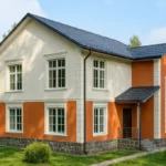 Проект дома «К-187» из СИП-панелей, 187 м² — двухэтажный дом с оранжевым фасадом, серой крышей и крыльцом | HotWell.KZ