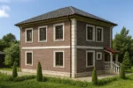 Проект дома «К-190» из СИП-панелей, 190 м² — двухэтажный дом с кирпичным фасадом, серой крышей и крыльцом | HotWell.KZ