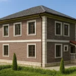 Проект дома «К-190» из СИП-панелей, 190 м² — двухэтажный дом с кирпичным фасадом, серой крышей и крыльцом | HotWell.KZ