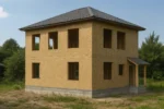 Дом «К-190», 190 м², 2 этажа, в черновой отделке: коробка из СИП-панелей OSB-3, вальмовая кровля из металлочерепицы, проёмы без окон и дверей, в проёмах видны сосновые балки перекрытия