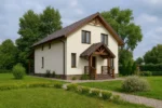 Проект дома «К-190Б» из СИП-панелей, 190 м² — двухэтажный дом с бежевым фасадом, коричневой крышей и крытым крыльцом | HotWell.KZ