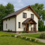 Проект дома «К-190Б» из СИП-панелей, 190 м² — двухэтажный дом с бежевым фасадом, коричневой крышей и крытым крыльцом | HotWell.KZ