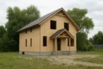 Дом «К-190Б», 190 м², 1.5 этажа, в черновой отделке: коробка из СИП-панелей OSB-3, двускатная кровля из металлочерепицы, проёмы без окон и дверей, в проёмах видны сосновые балки перекрытия