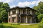 Проект дома «К-193» из СИП-панелей, 193 м² — двухэтажный дом с кирпичным фасадом, черной крышей и панорамными окнами | HotWell.KZ