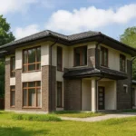 Проект дома «К-193» из СИП-панелей, 193 м² — двухэтажный дом с кирпичным фасадом, черной крышей и панорамными окнами | HotWell.KZ