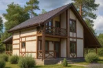 Проект дома «К-200» из СИП-панелей, 200 м² — двухэтажный дом с бежевым фасадом, коричневыми балками и балконом | HotWell.KZ